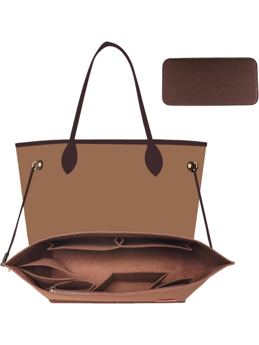 Tote Bag Organizer Insert with Base Shaper, Felt Handbag Zipper Organizer, Brown